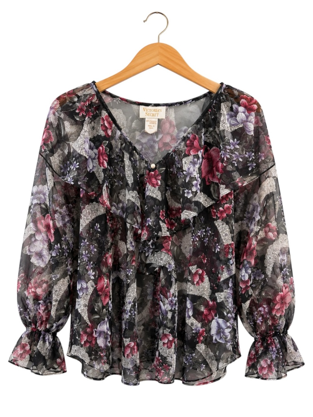 Vintage Sheer Ruffle Bishop Floral Blouse Indie Romantic Cottagecore P/S